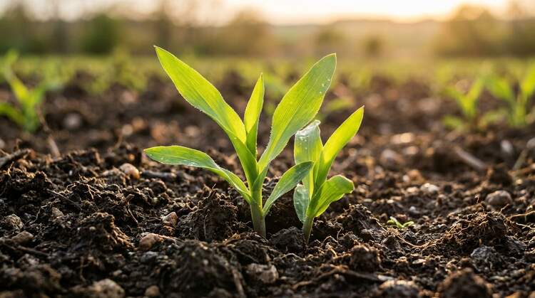 Jeunes plants de maïs vigoureux émergeant d'une terre fertile